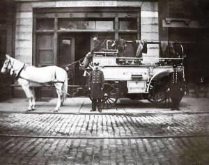 FDNY SQUAD 18: The first professional firemen had a horse-drawn hose tender and steam engine built by Lee and Larned in 1859. Photo credit: FDNY Archives.