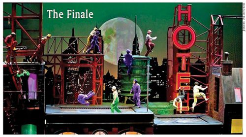 CIRQUE’S SALUTE TO HOLLYWOOD’S GOLDEN AGE: The incredible final chase across New York City rooftops in Paramour.  Image credit: Joan Marcus.