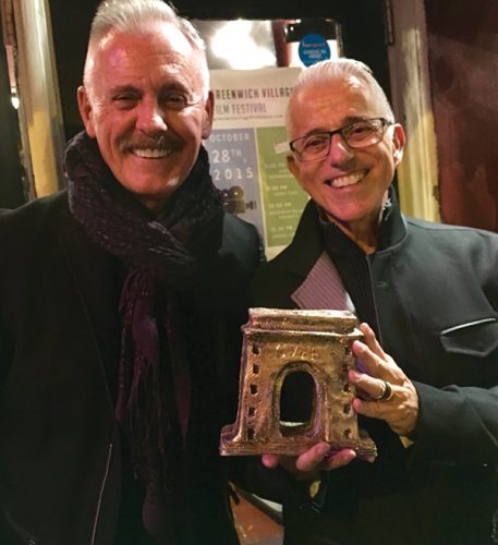 PROUD VILLAGERS AND PRODUCERS: Richard Eric Weigle and Michael Anastasio winning the Golden Arch for Best Greenwich Village Portrait of 2015.  Photo by Barbara Steinberg.